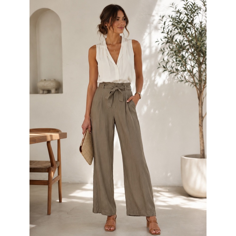 Gap High Rise Wide Leg Linen Blend Tie Waist Pants Olive Green Size 10